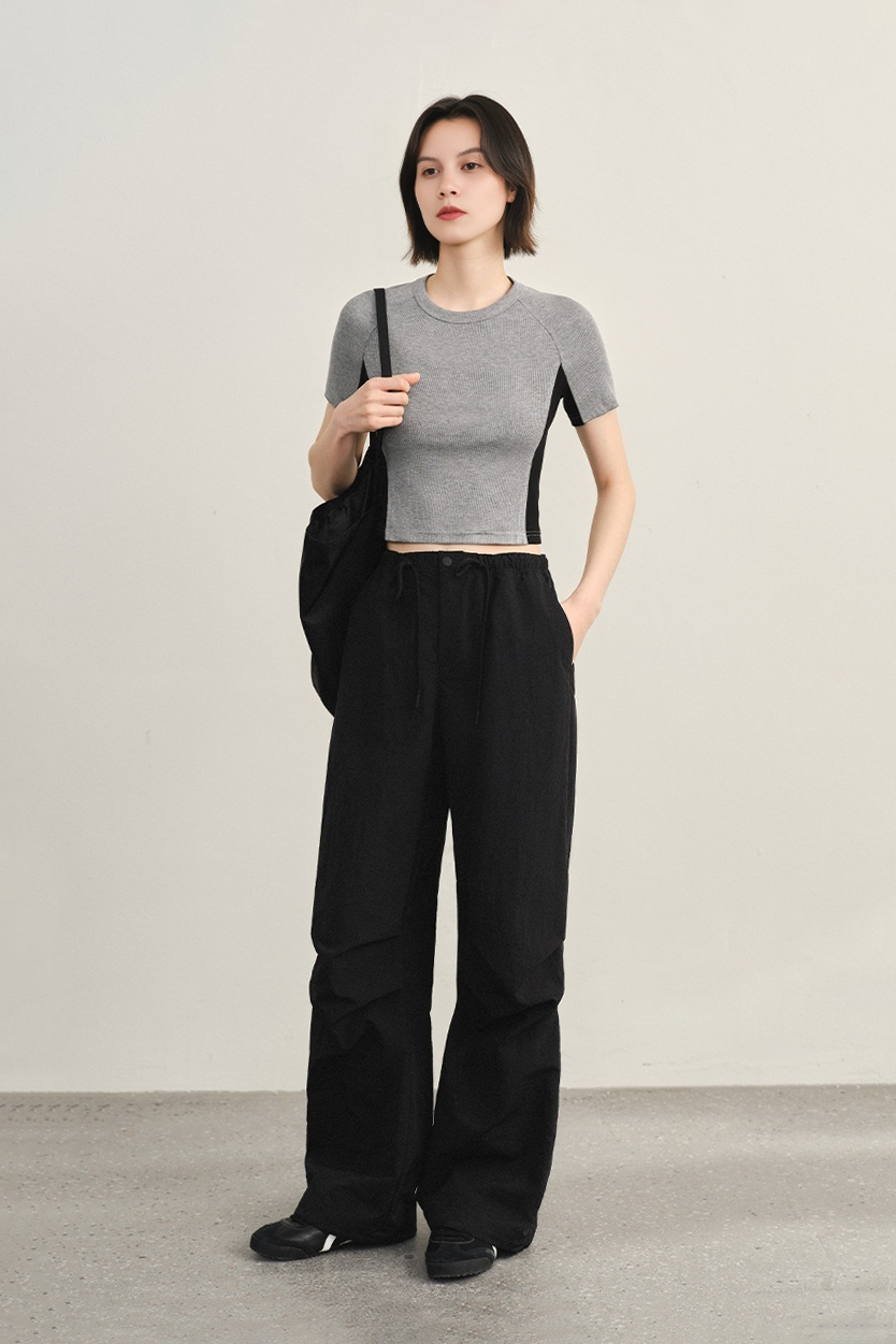 Stretchy Ribbed Crewneck Colorblock Cropped T-Shirt