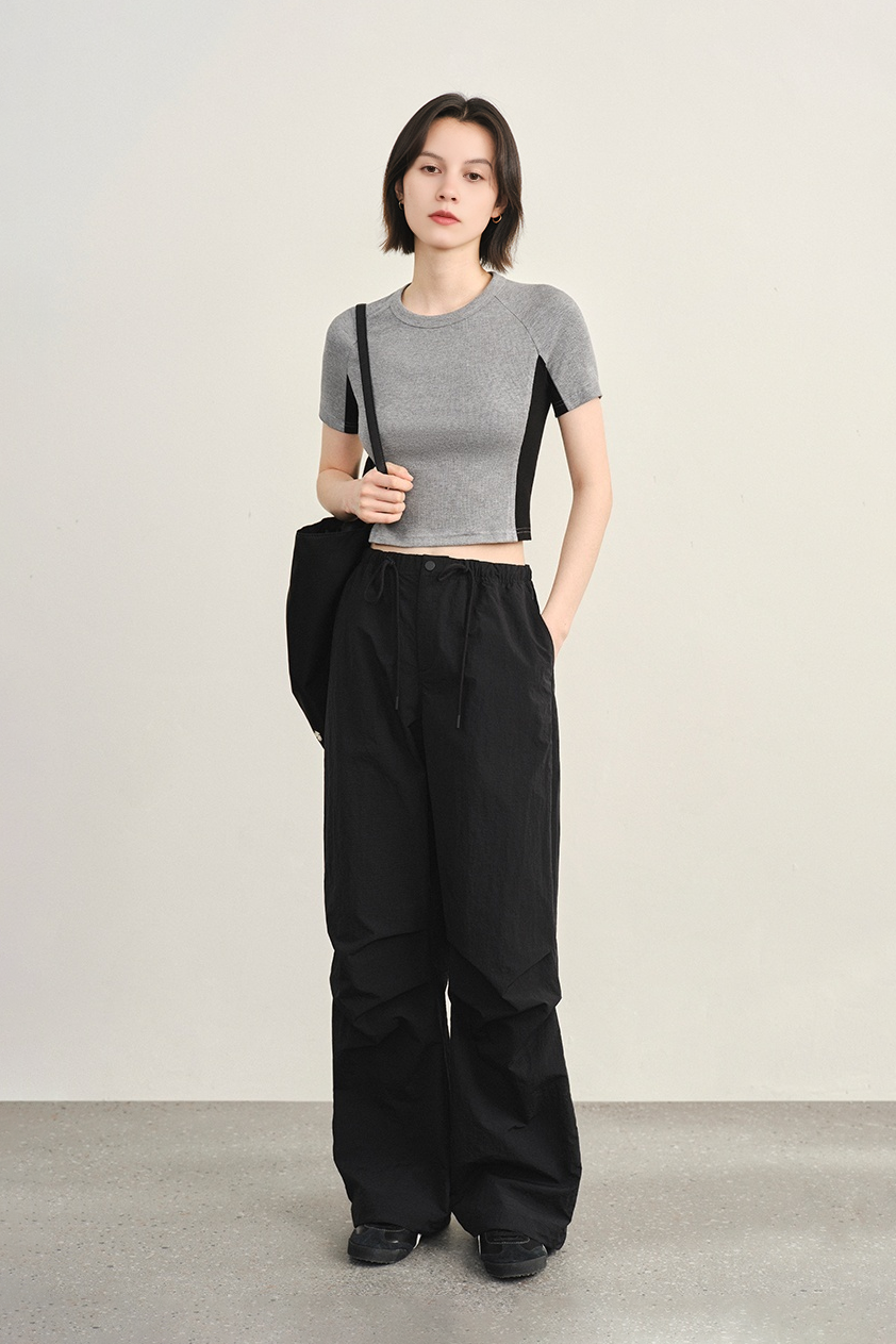 Stretchy Ribbed Crewneck Colorblock Cropped T-Shirt