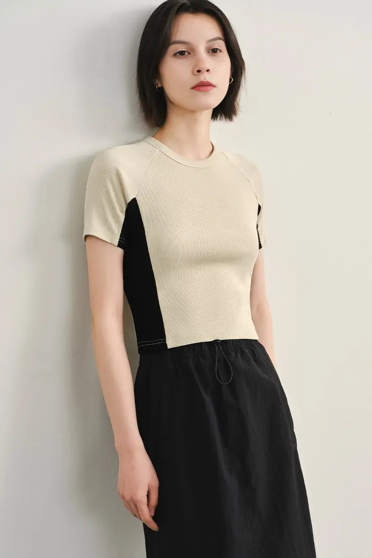 Stretchy Ribbed Crewneck Colorblock Cropped T-Shirt