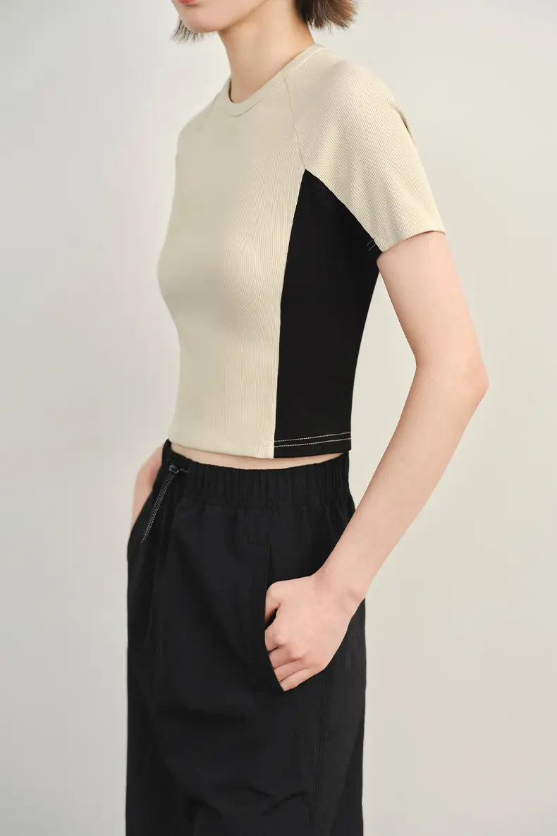 Stretchy Ribbed Crewneck Colorblock Cropped T-Shirt