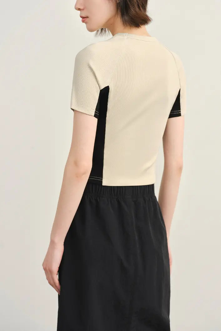 Stretchy Ribbed Crewneck Colorblock Cropped T-Shirt