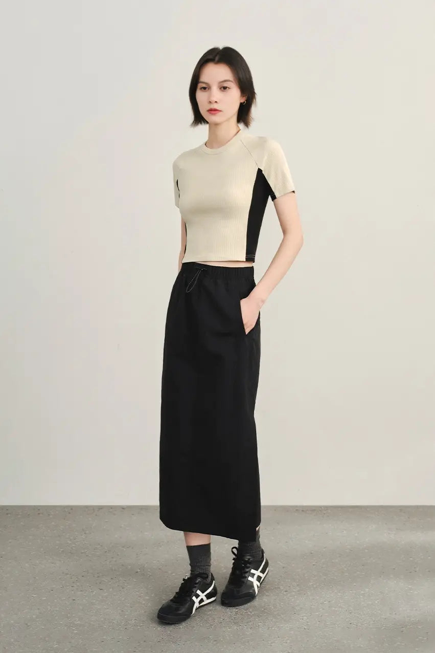 Stretchy Ribbed Crewneck Colorblock Cropped T-Shirt