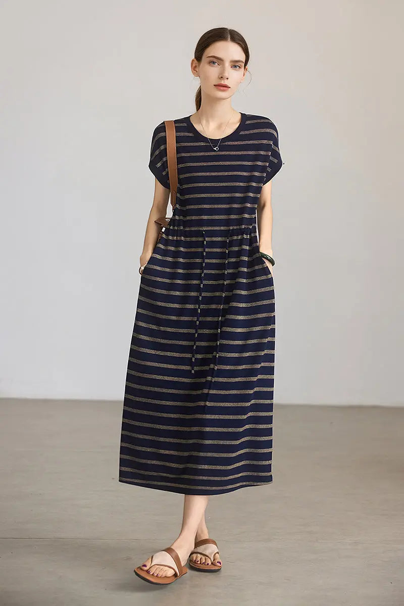 Striped Drawstring Waist Midi T-Shirt Dress with Pockets