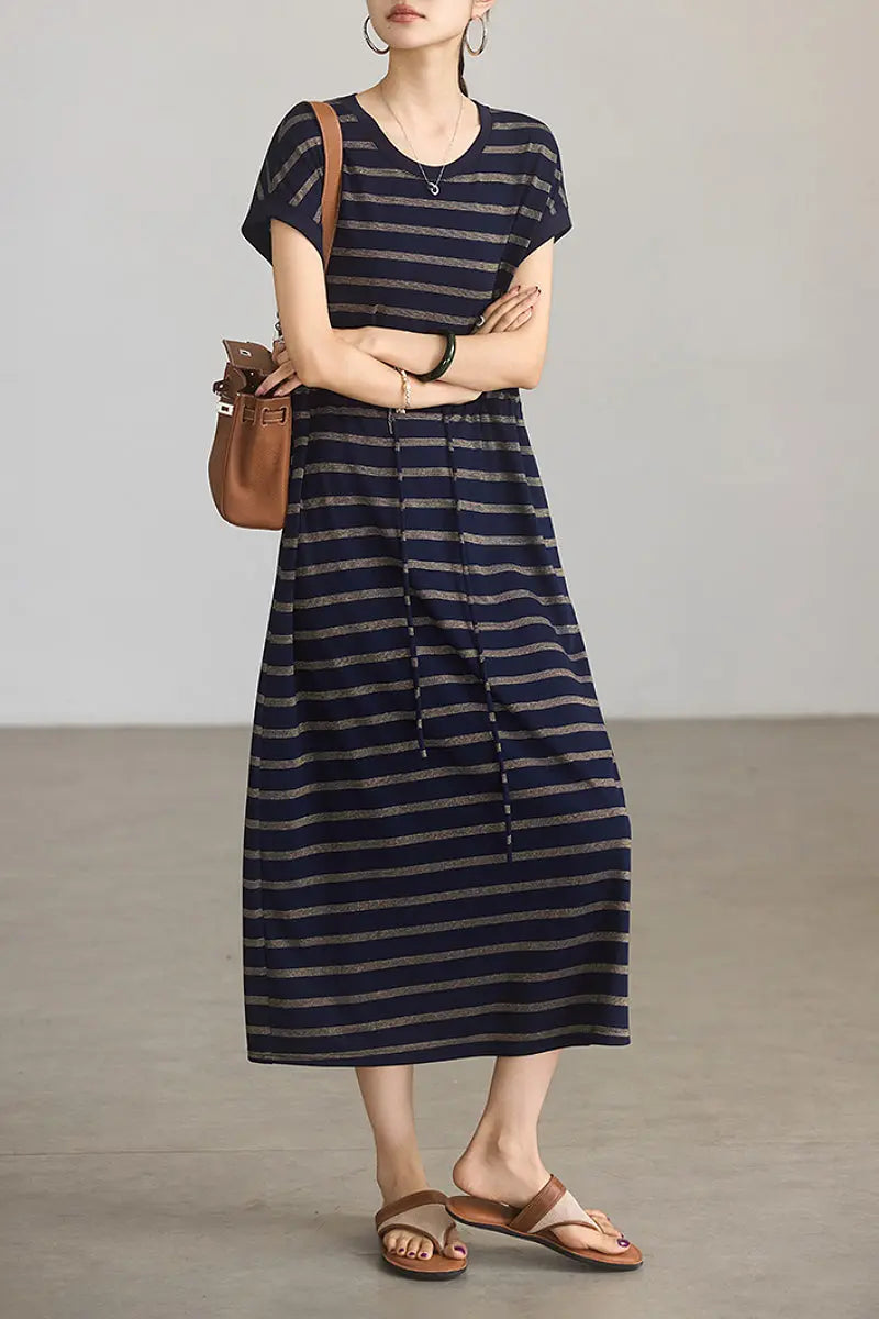 Striped Drawstring Waist Midi T-Shirt Dress with Pockets