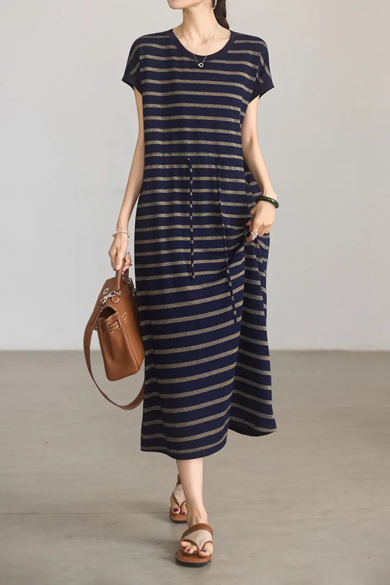 Striped Drawstring Waist Midi T-Shirt Dress with Pockets