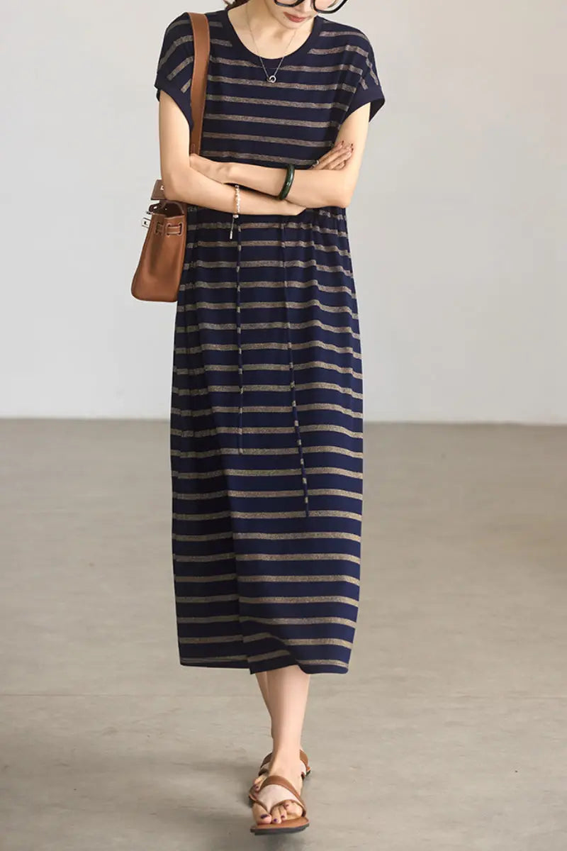 Striped Drawstring Waist Midi T-Shirt Dress with Pockets