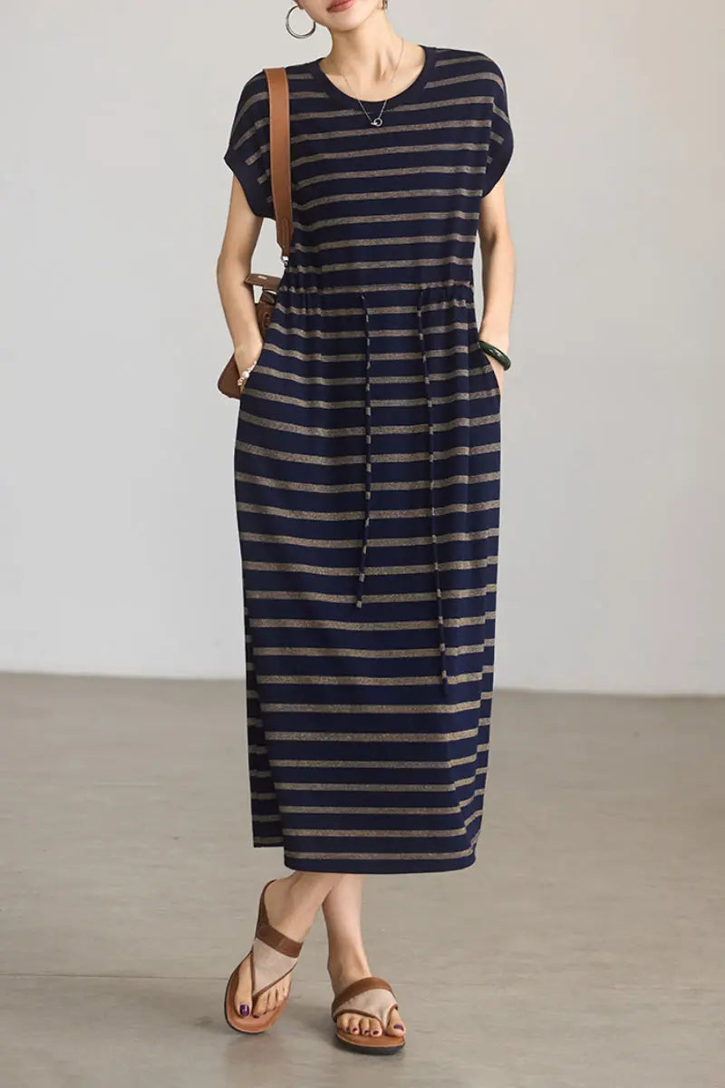 Striped Drawstring Waist Midi T-Shirt Dress with Pockets