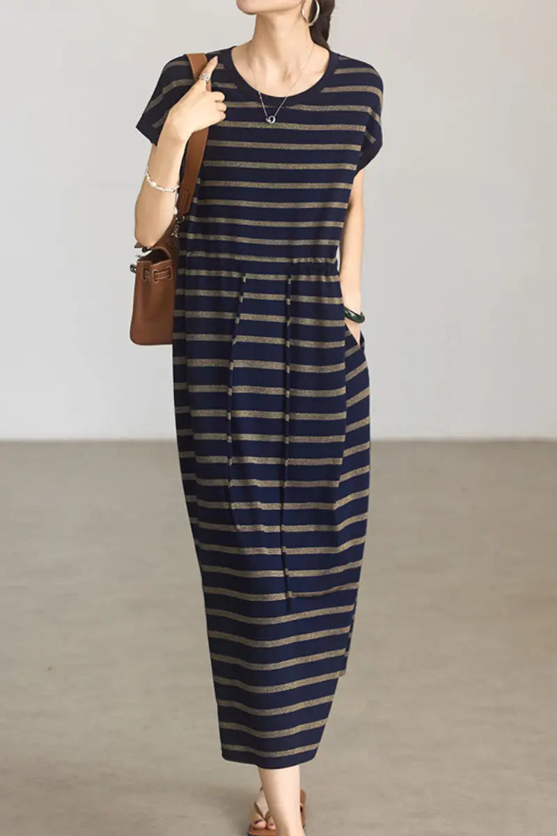 Striped Drawstring Waist Midi T-Shirt Dress with Pockets