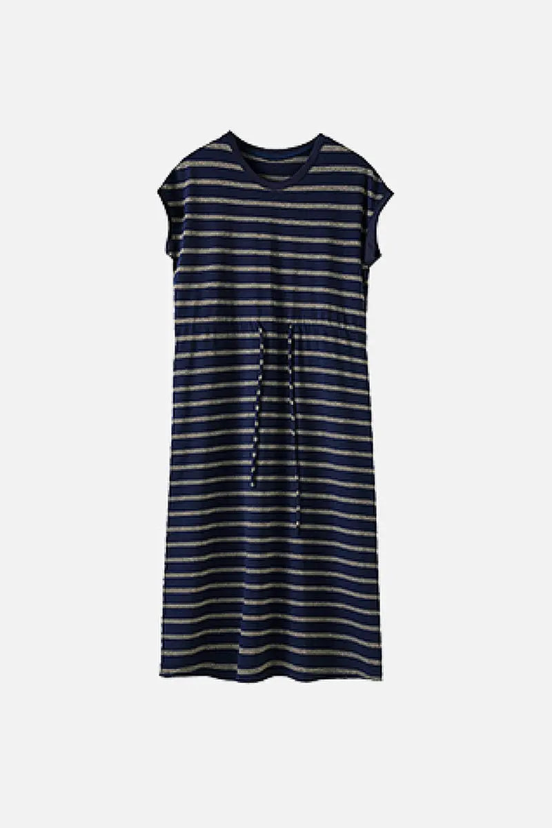 Striped Drawstring Waist Midi T-Shirt Dress with Pockets