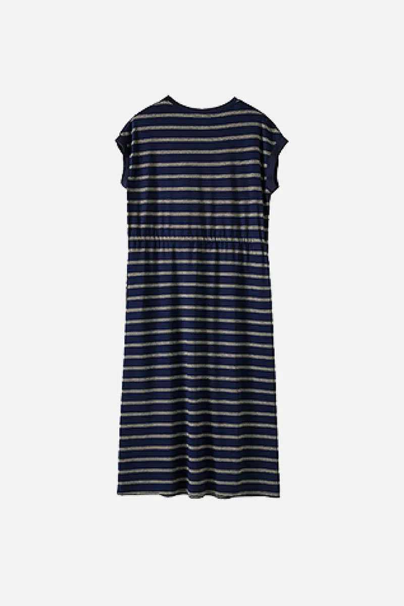 Striped Drawstring Waist Midi T-Shirt Dress with Pockets