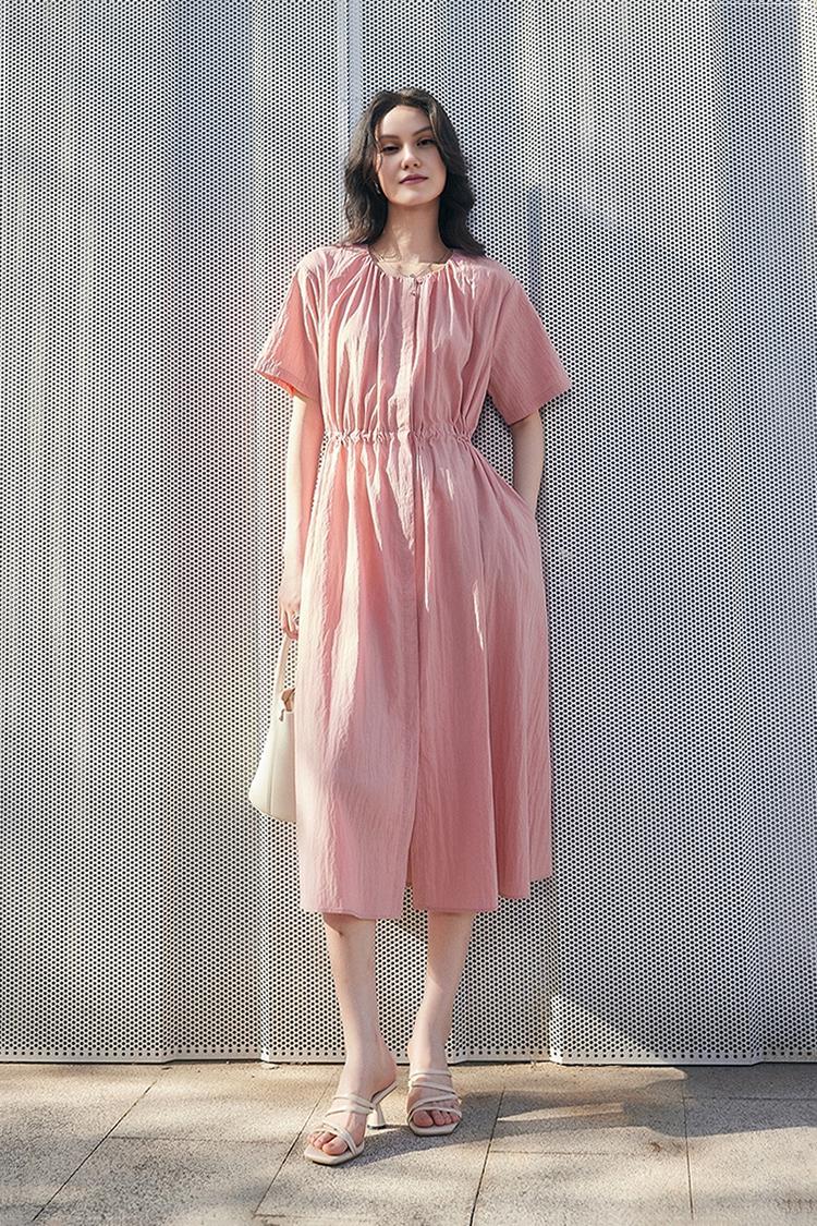 Summer Cinched Waist Midi Dress with Pockets