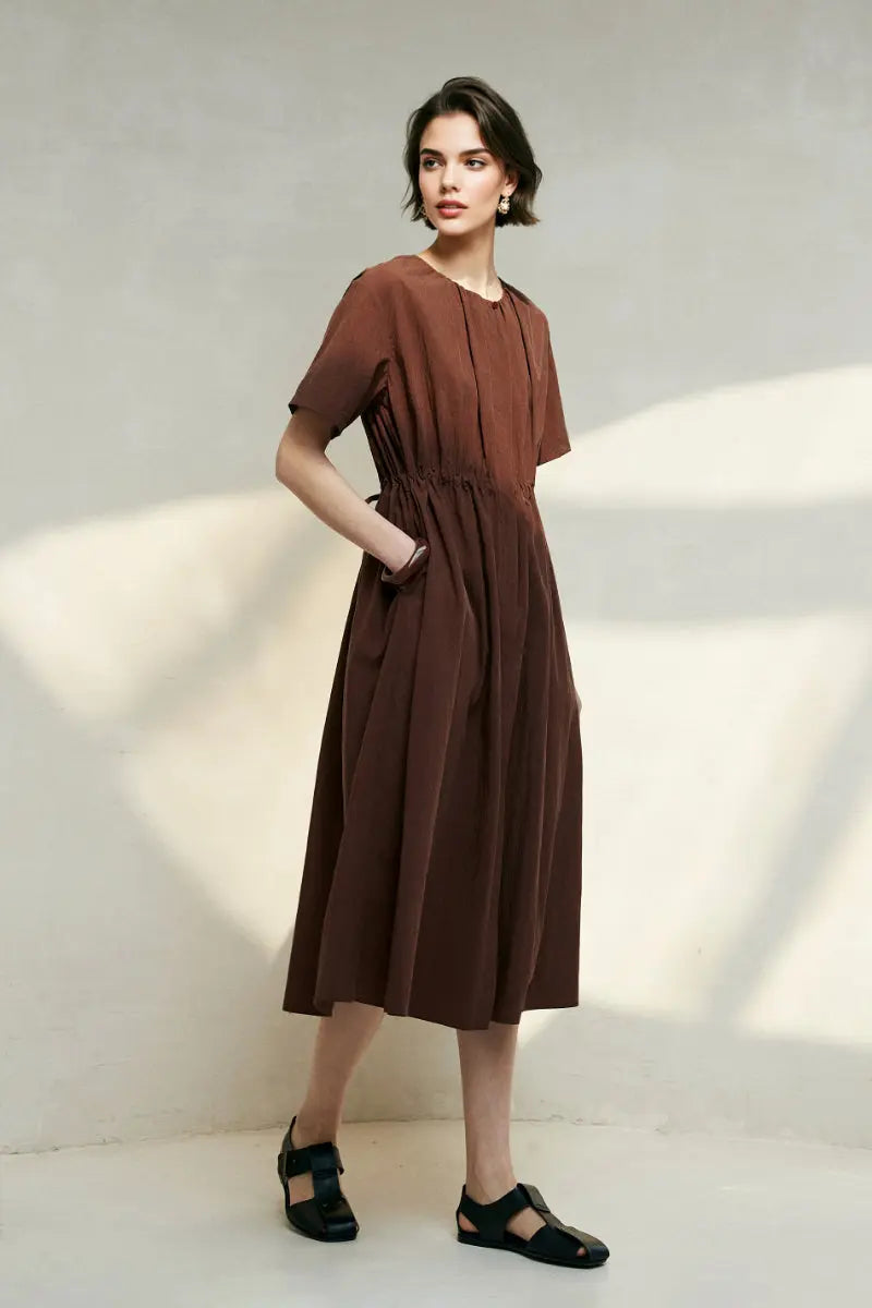 Summer Cinched Waist Midi Dress with Pockets
