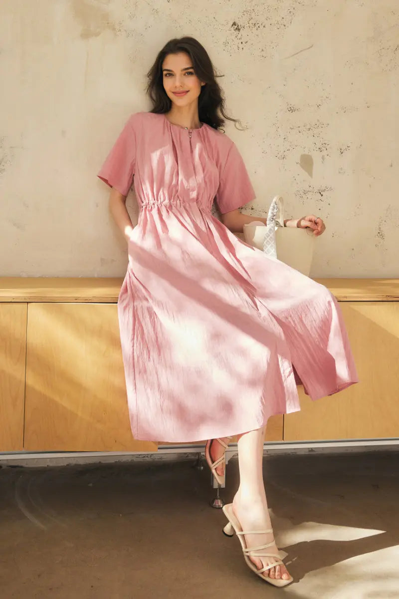 Summer Cinched Waist Midi Dress with Pockets