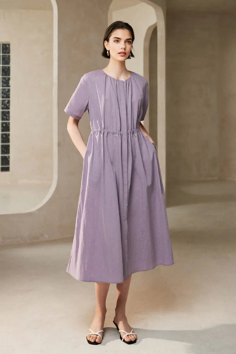 Summer Cinched Waist Midi Dress with Pockets