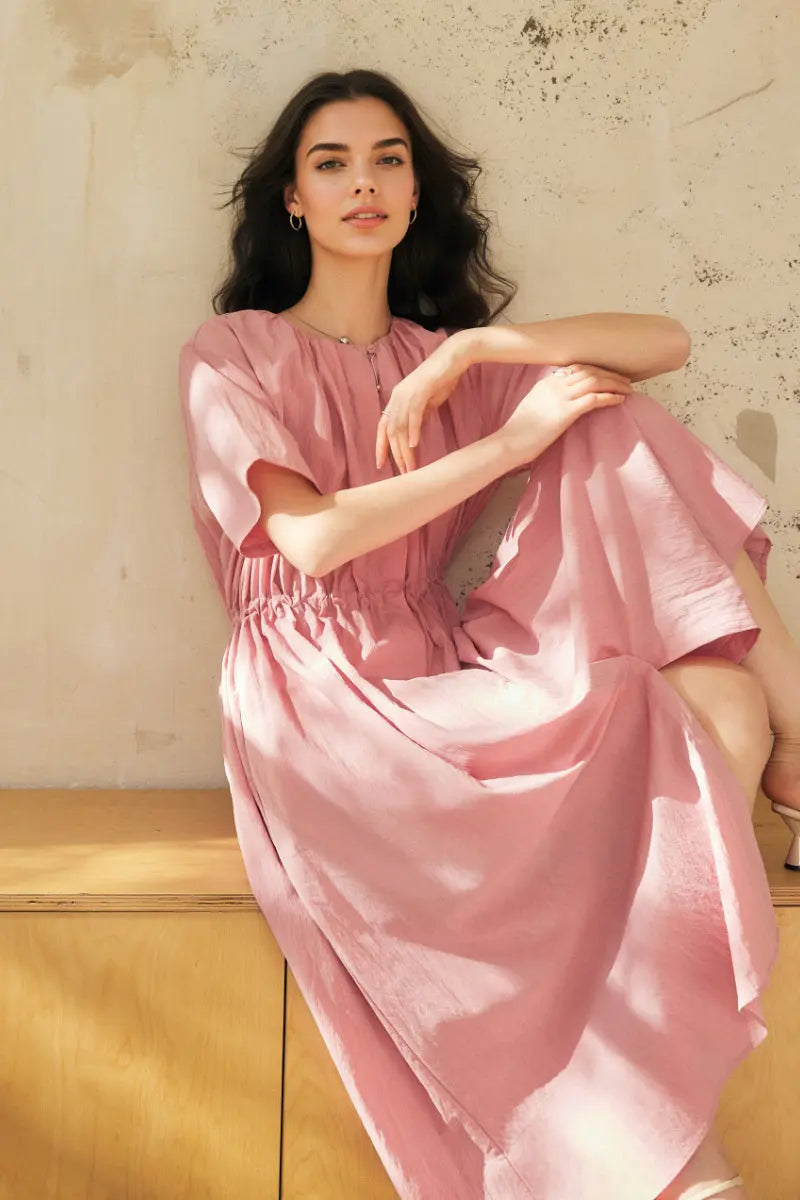 Summer Cinched Waist Midi Dress with Pockets
