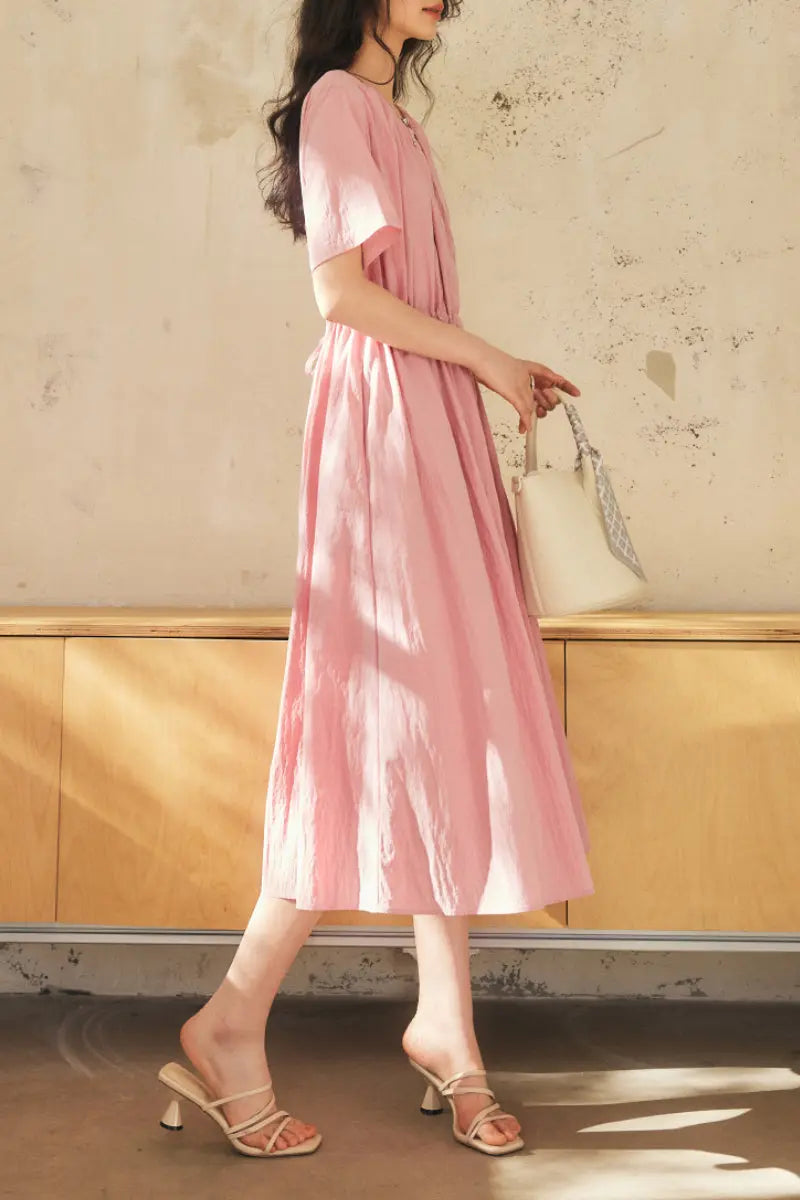 Summer Cinched Waist Midi Dress with Pockets