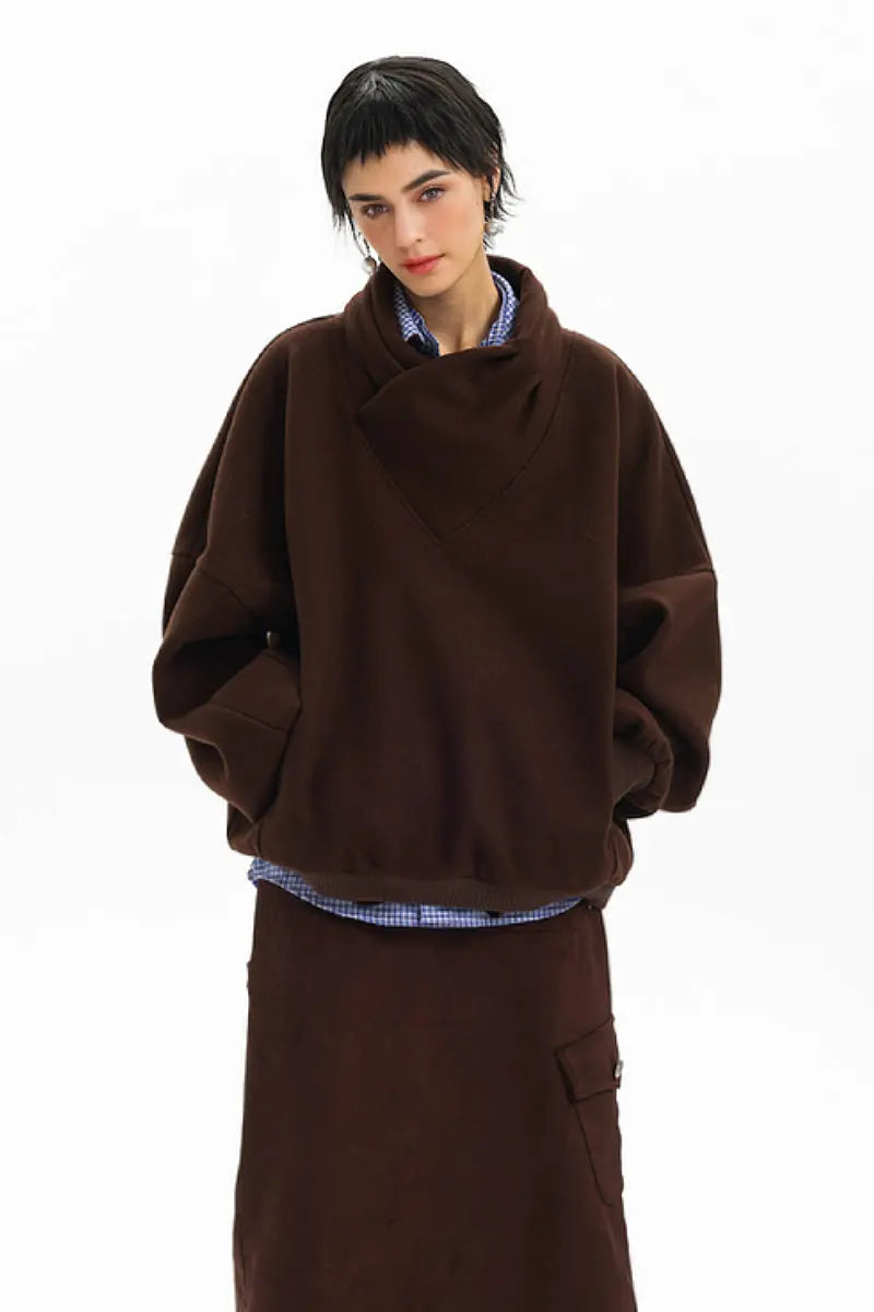 Textured Wrap-Collar Pullover Sweatshirt with Pockets - Fleece & Unlined