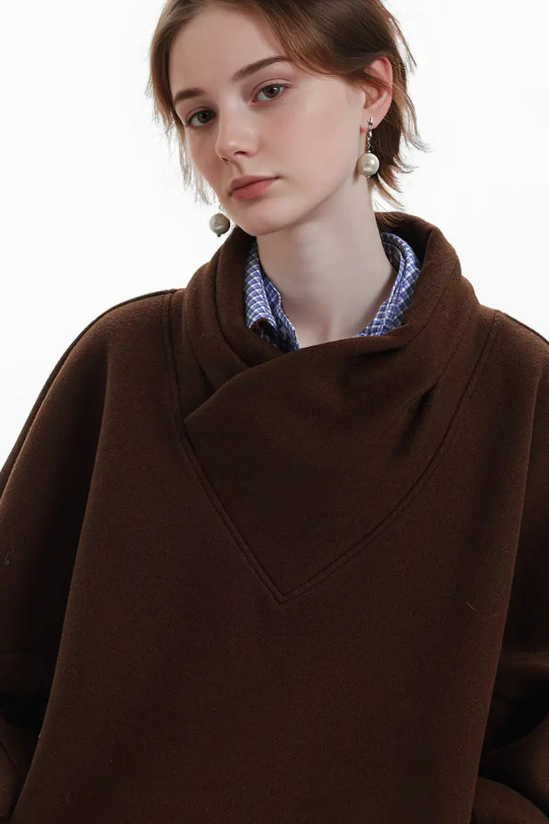 Textured Wrap-Collar Pullover Sweatshirt with Pockets - Fleece & Unlined