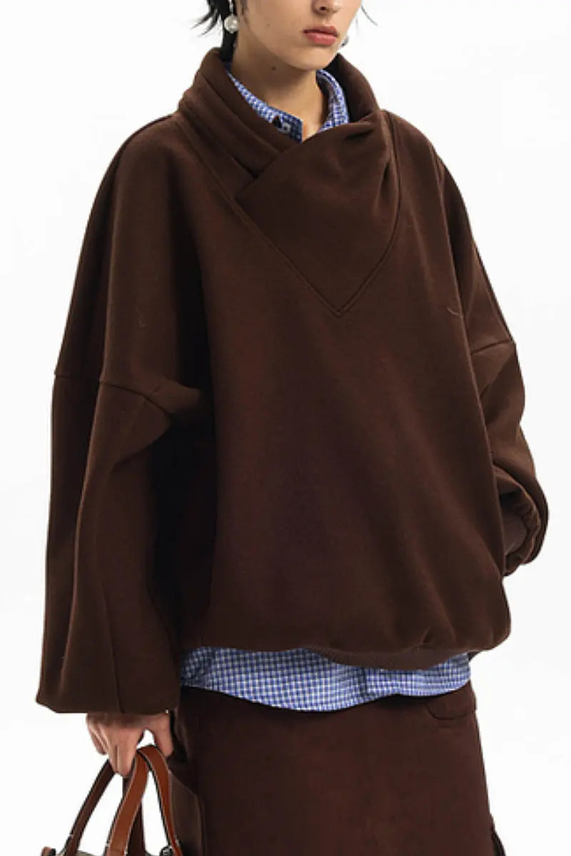 Textured Wrap-Collar Pullover Sweatshirt with Pockets - Fleece & Unlined