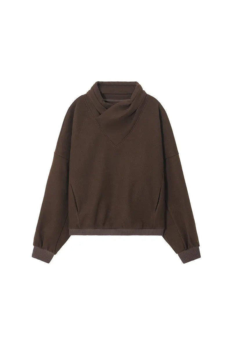Textured Wrap-Collar Pullover Sweatshirt with Pockets - Fleece & Unlined