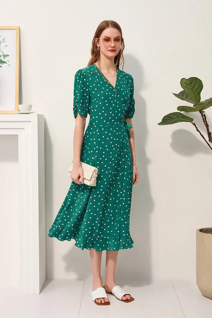 V-Neck Polka Dot Silk Midi Dress