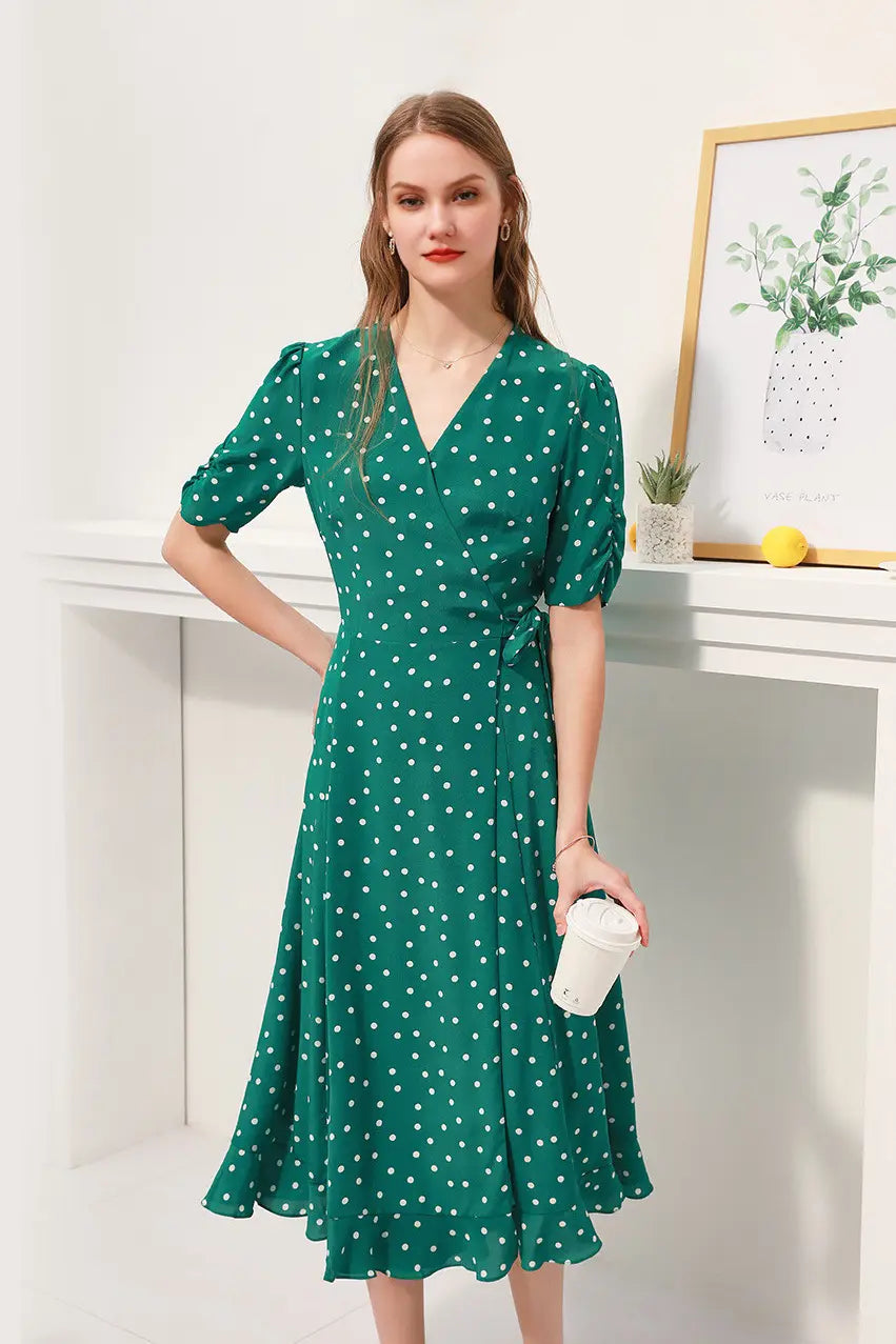 V-Neck Polka Dot Silk Midi Dress