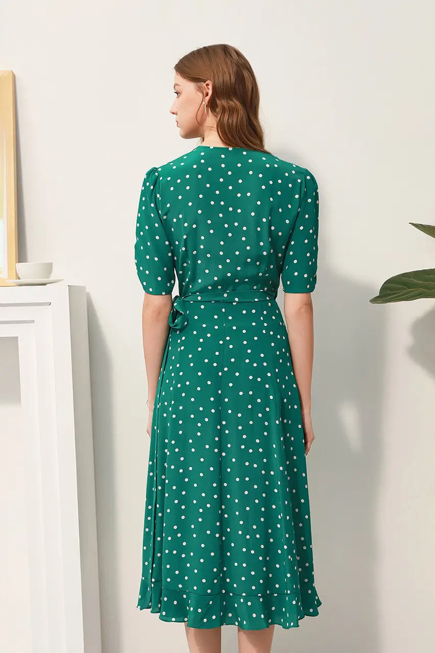 V-Neck Polka Dot Silk Midi Dress