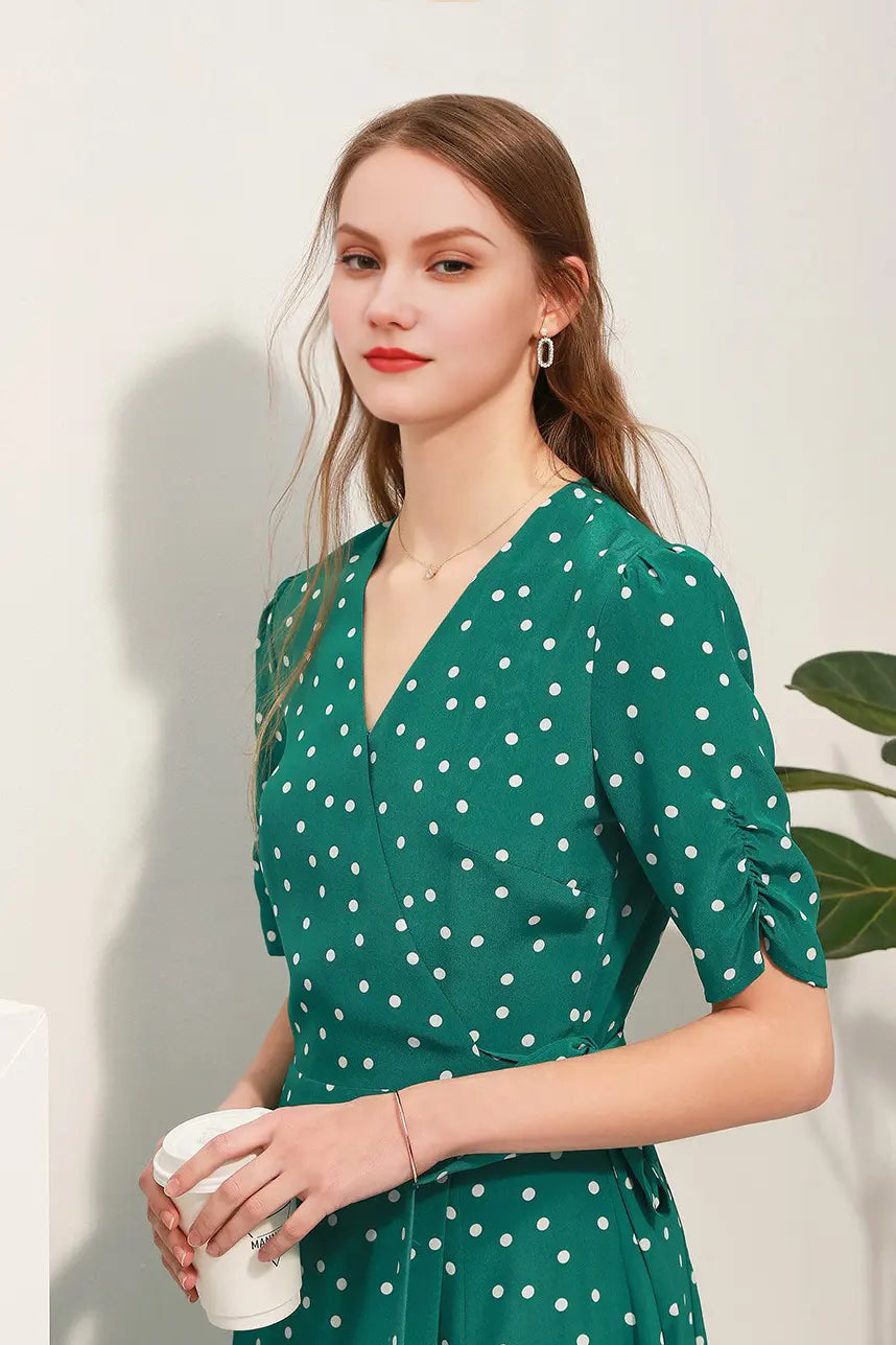 V-Neck Polka Dot Silk Midi Dress