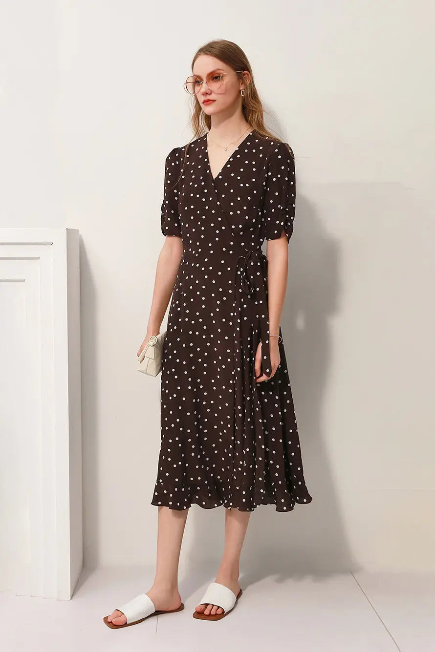 V-Neck Polka Dot Silk Midi Dress