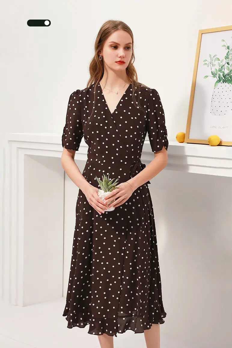 V-Neck Polka Dot Silk Midi Dress