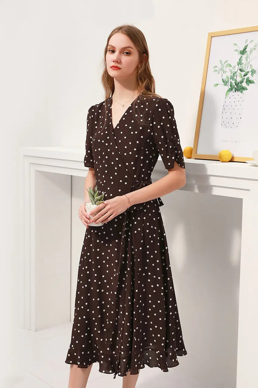 V-Neck Polka Dot Silk Midi Dress
