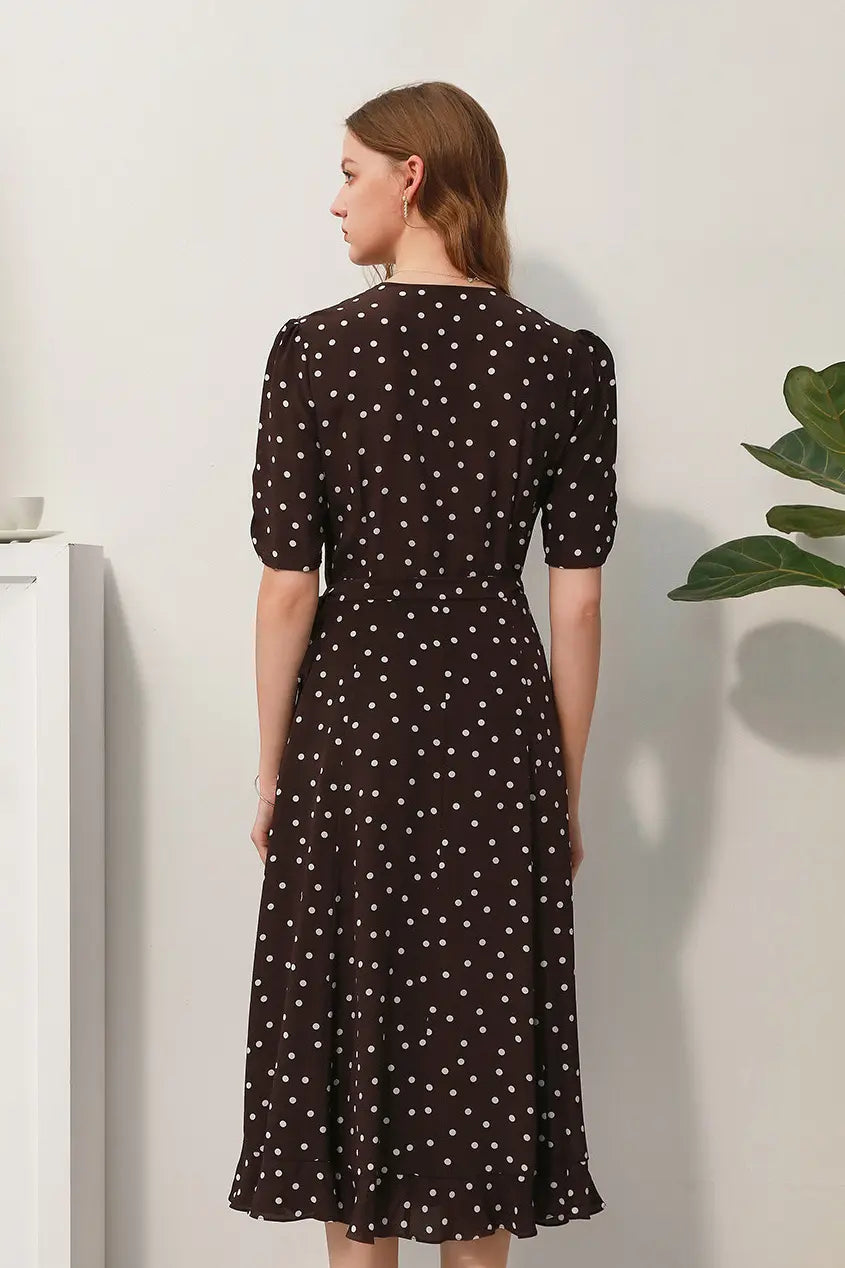 V-Neck Polka Dot Silk Midi Dress