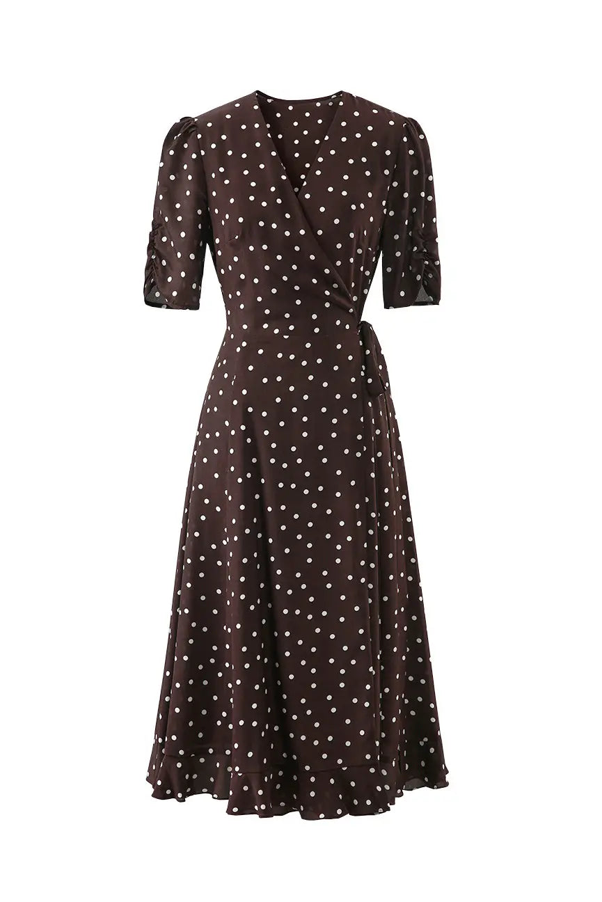 V-Neck Polka Dot Silk Midi Dress