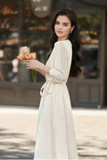 Triacetate Belted 3/4 Sleeve Keyhole Midi Dress
