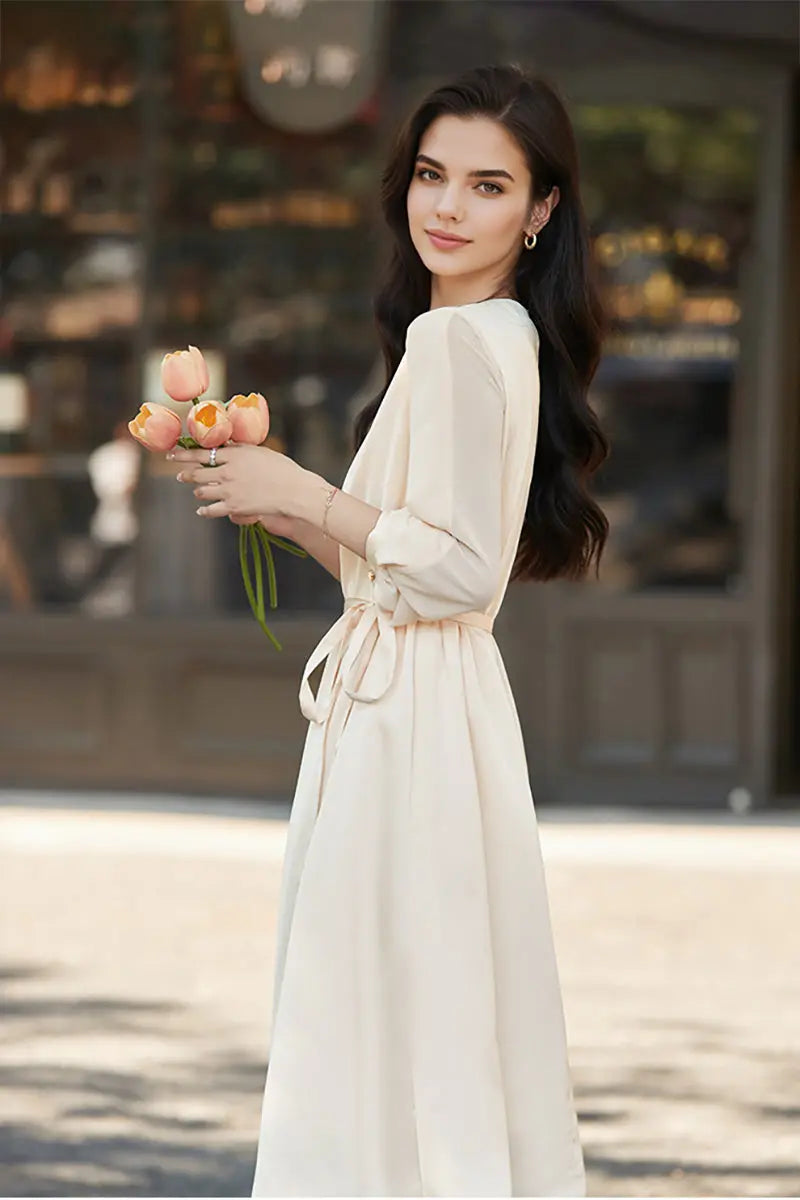 Triacetate Belted 3/4 Sleeve Keyhole Midi Dress
