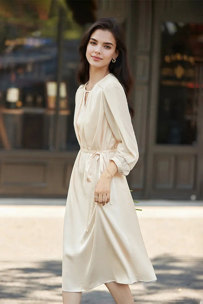 Triacetate Belted 3/4 Sleeve Keyhole Midi Dress