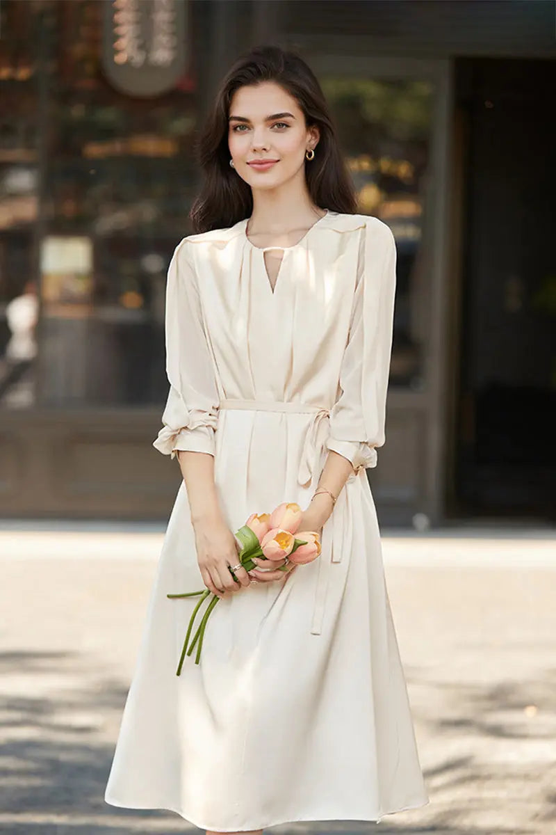Triacetate Belted 3/4 Sleeve Keyhole Midi Dress