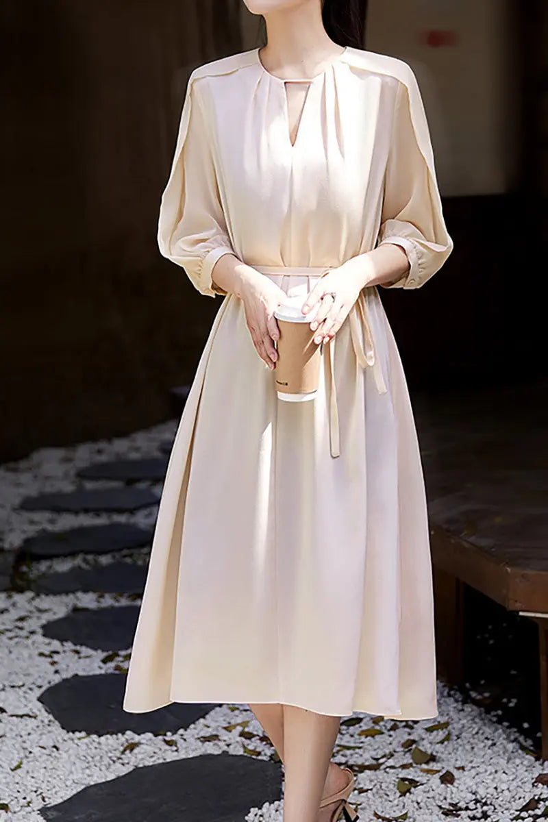 Triacetate Belted 3/4 Sleeve Keyhole Midi Dress