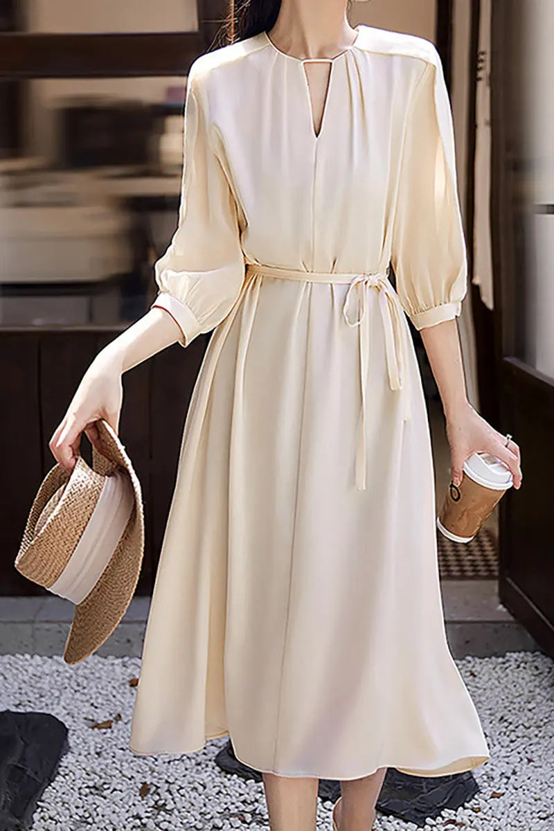 Triacetate Belted 3/4 Sleeve Keyhole Midi Dress