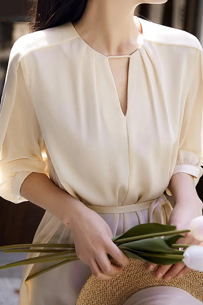 Triacetate Belted 3/4 Sleeve Keyhole Midi Dress