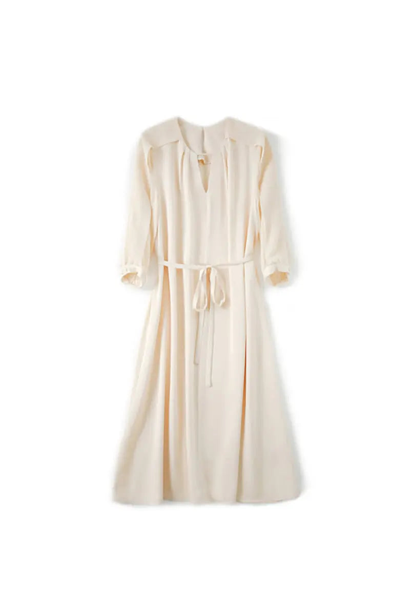 Triacetate Belted 3/4 Sleeve Keyhole Midi Dress