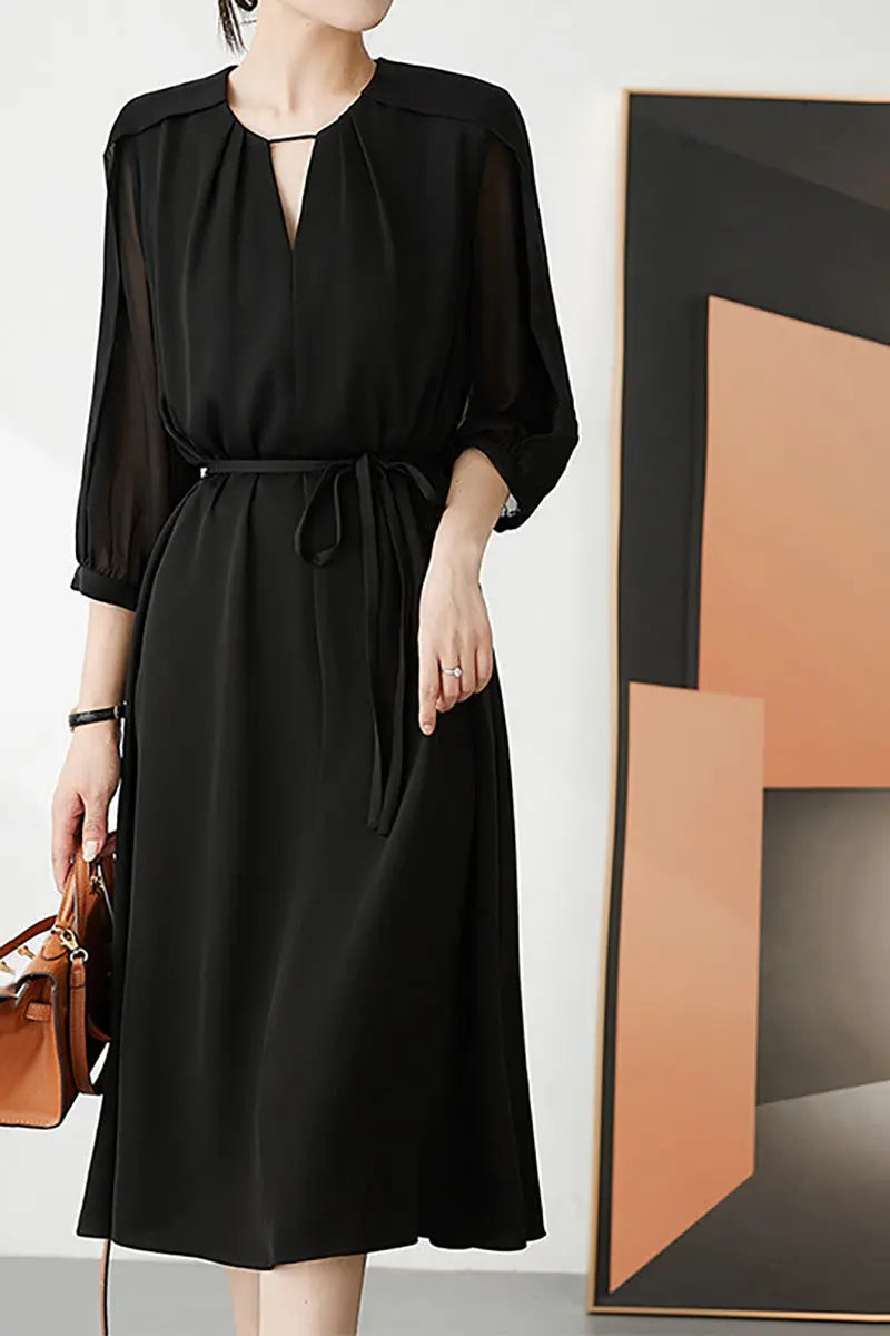 Triacetate Belted 3/4 Sleeve Keyhole Midi Dress