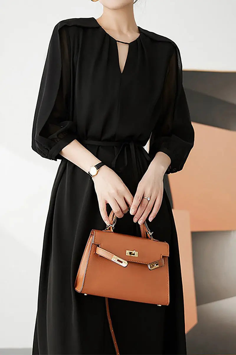 Triacetate Belted 3/4 Sleeve Keyhole Midi Dress