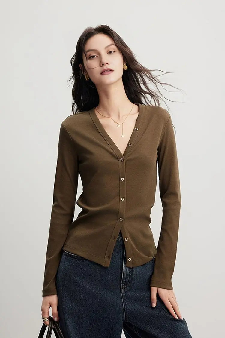 V Neck Slim Fit Rib Knit Long Sleeve Shirt