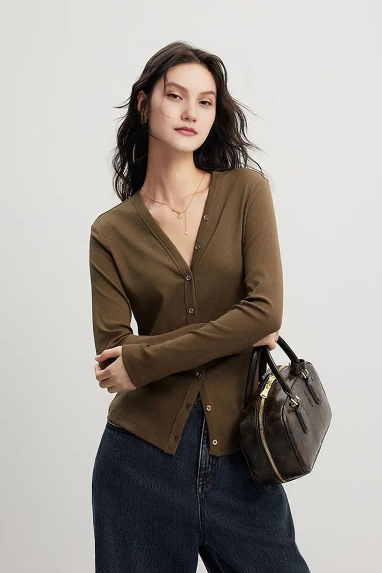 V Neck Slim Fit Rib Knit Long Sleeve Shirt