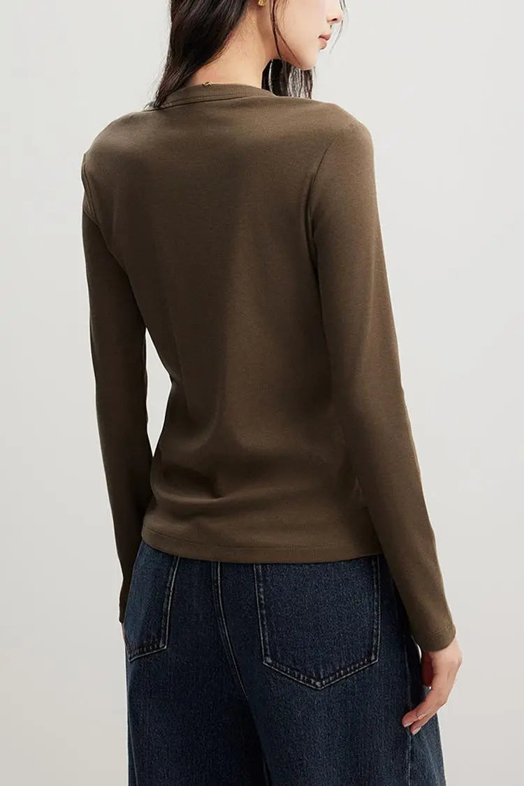 V Neck Slim Fit Rib Knit Long Sleeve Shirt