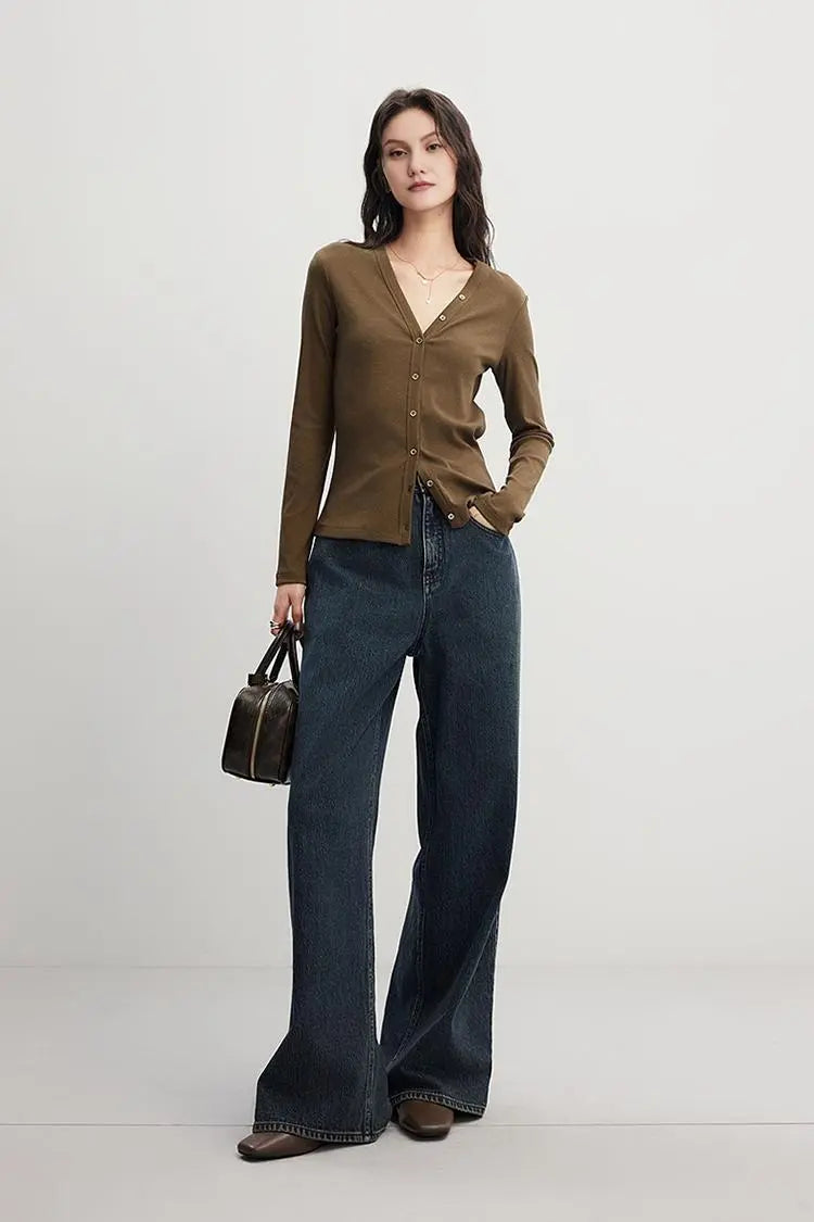 V Neck Slim Fit Rib Knit Long Sleeve Shirt