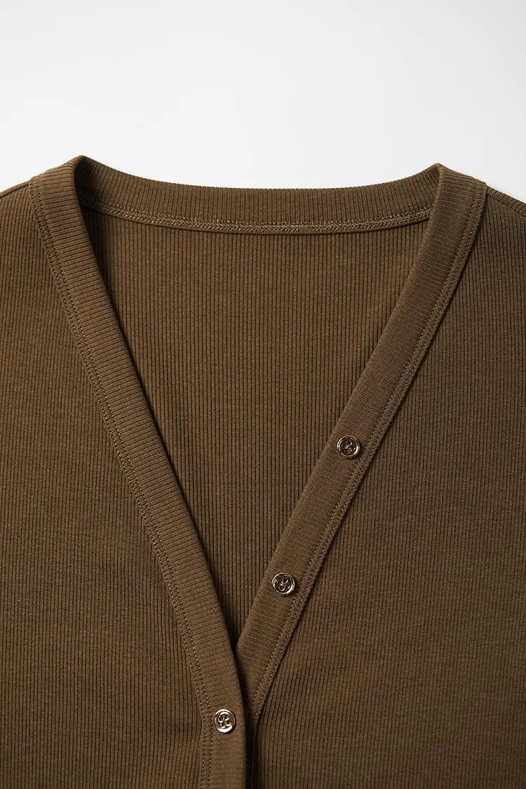 V Neck Slim Fit Rib Knit Long Sleeve Shirt