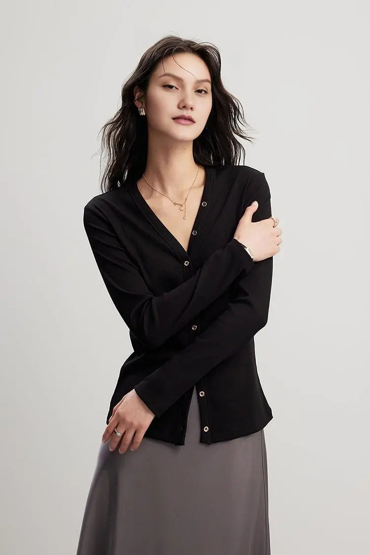 V Neck Slim Fit Rib Knit Long Sleeve Shirt