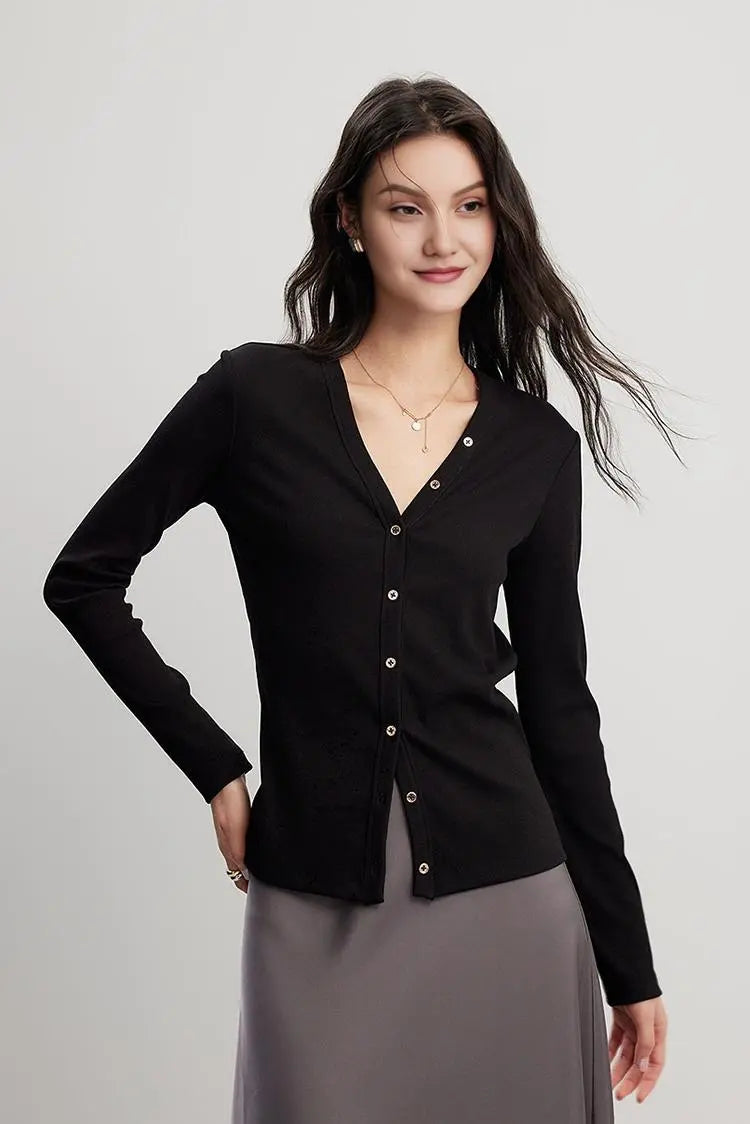 V Neck Slim Fit Rib Knit Long Sleeve Shirt